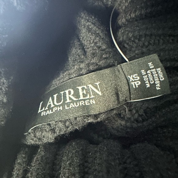 Lauren Ralph Lauren Fringe Trim Aran Knit Turtleneck Sweater Black - Picture 6 of 9